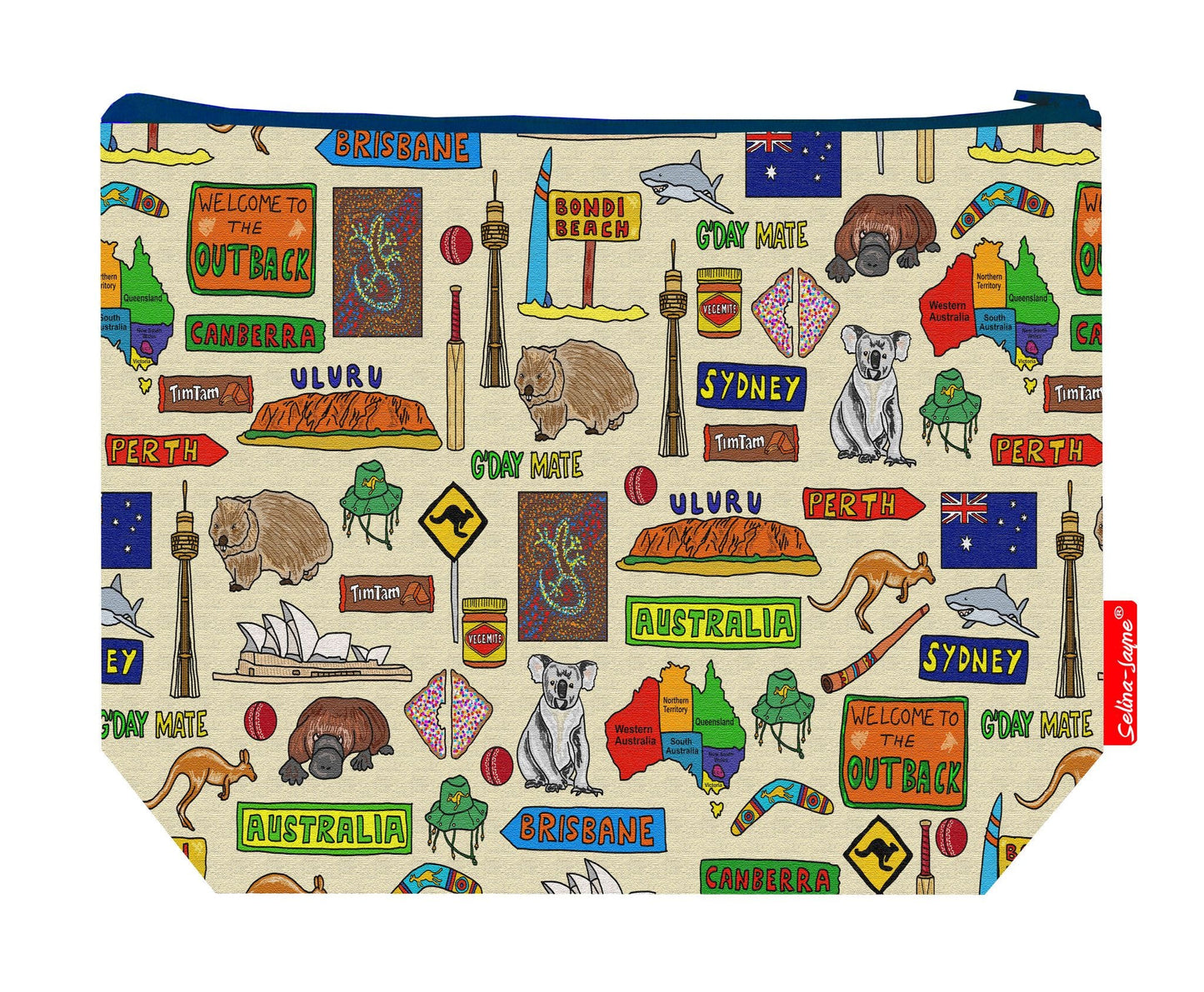 Premium Australian wash bag with vibrant Australia HD print and washable lining