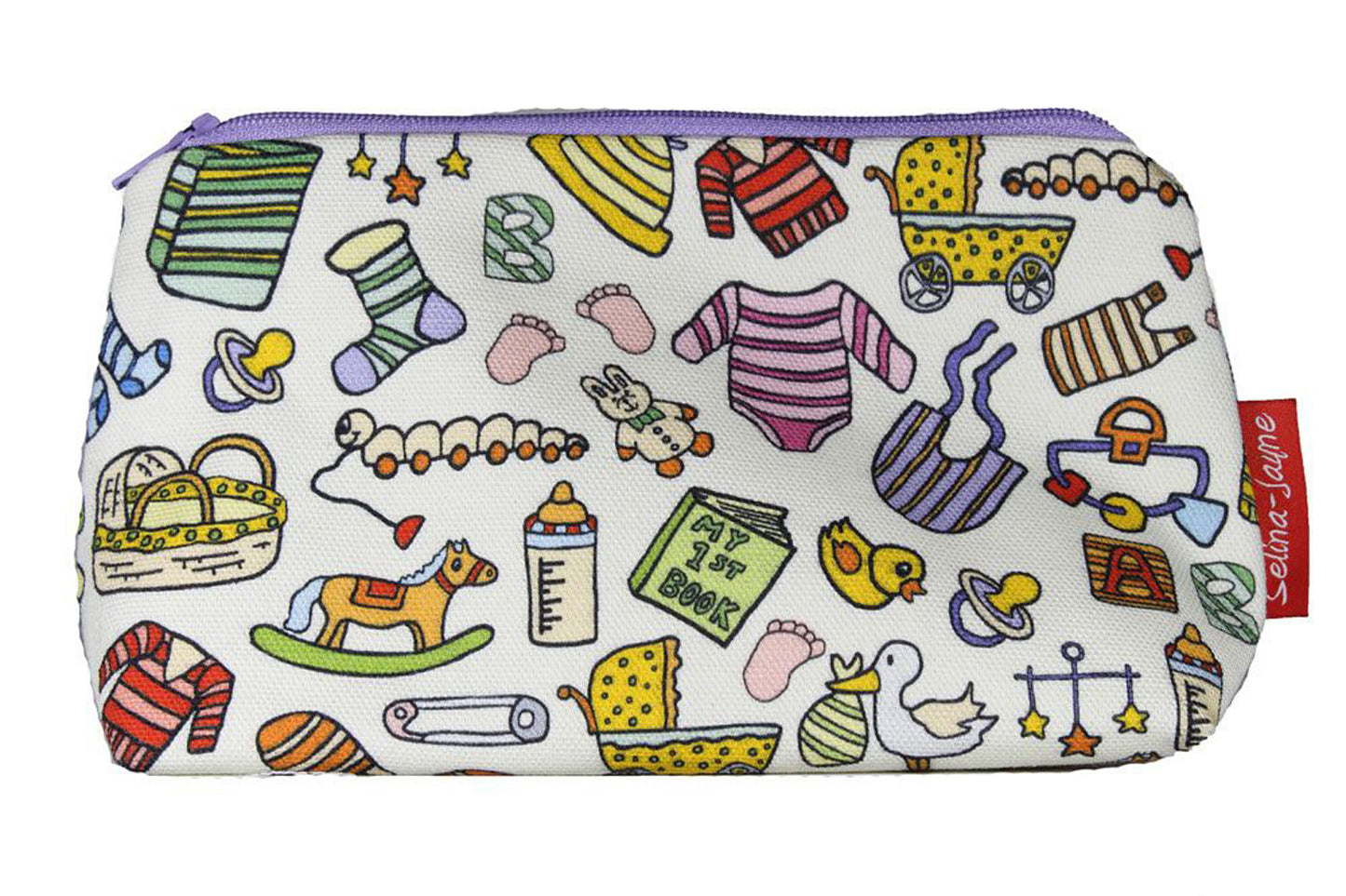 Baby-themed makeup bag showing wipe-clean lining and durable close weave polyester construction