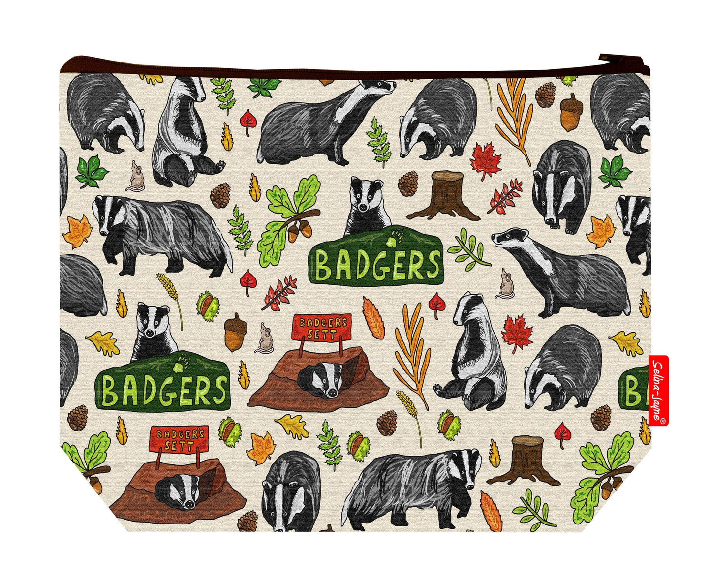 Premium wildlife lover wash bag with vibrant badger HD print and washable lining