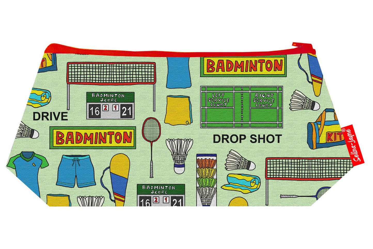 Badminton-themed makeup bag showing wipe-clean lining and durable close weave polyester construction