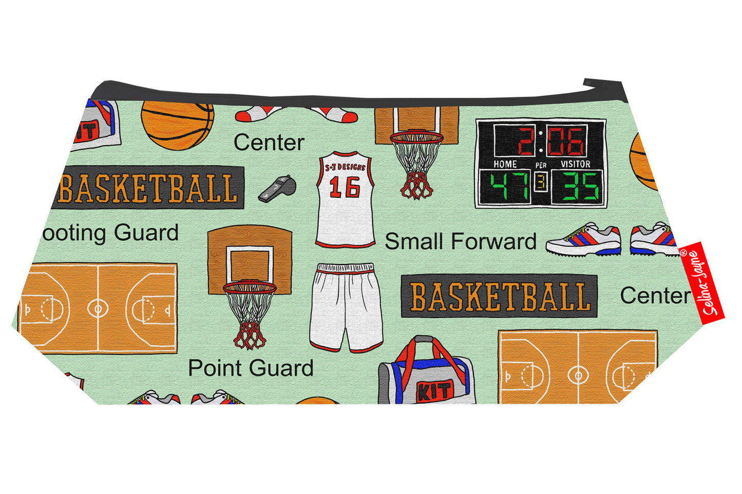 Basketball-themed makeup bag showing wipe-clean lining and durable close weave polyester construction