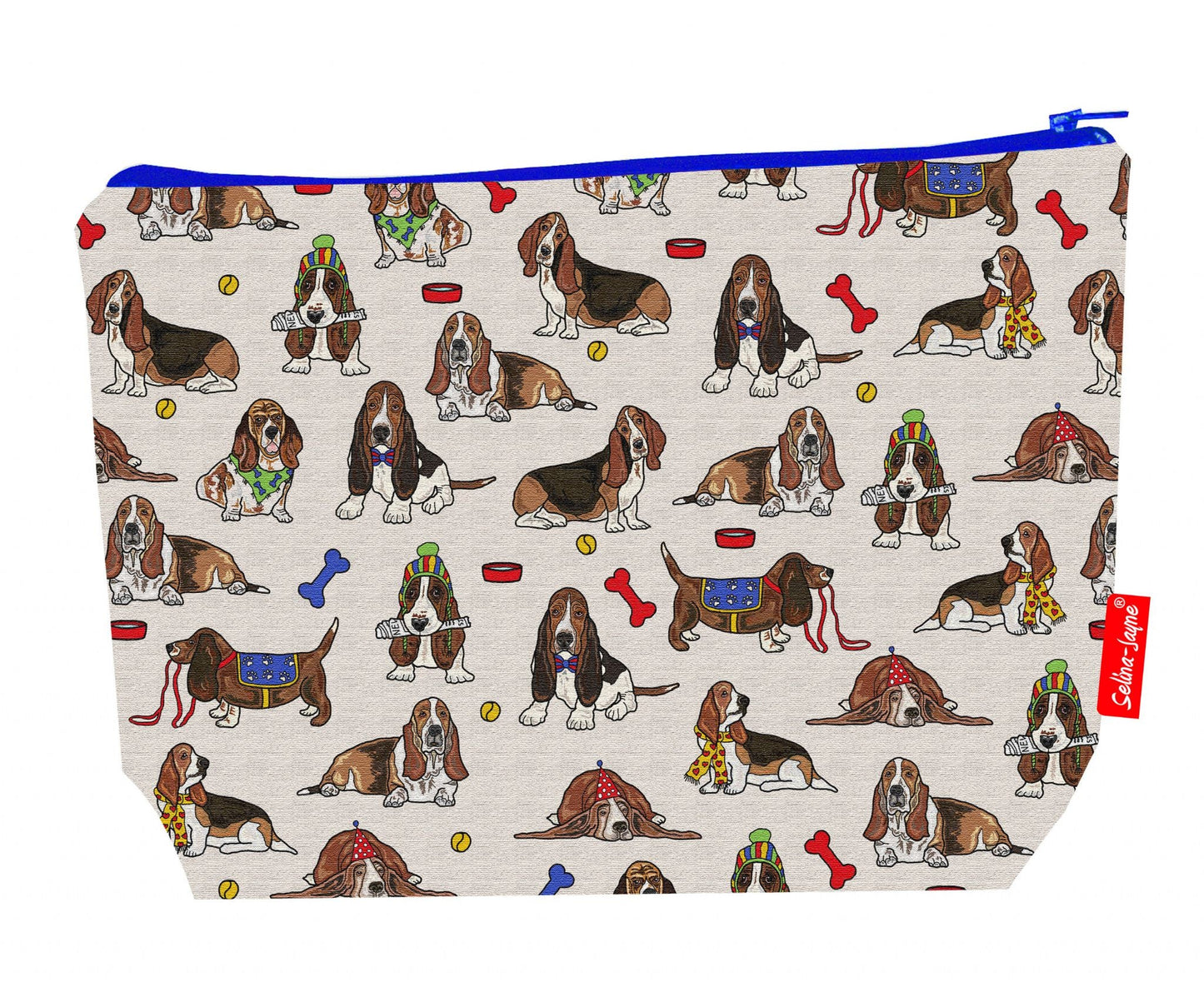 Premium dog lover wash bag with vibrant Basset Hound HD print and washable lining