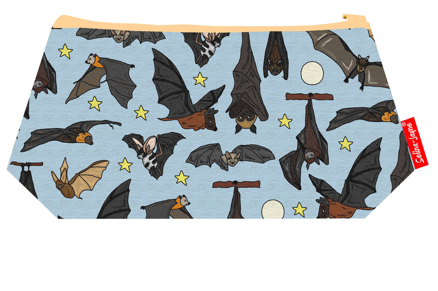 Bat-themed makeup bag showing wipe-clean lining and durable close weave polyester construction