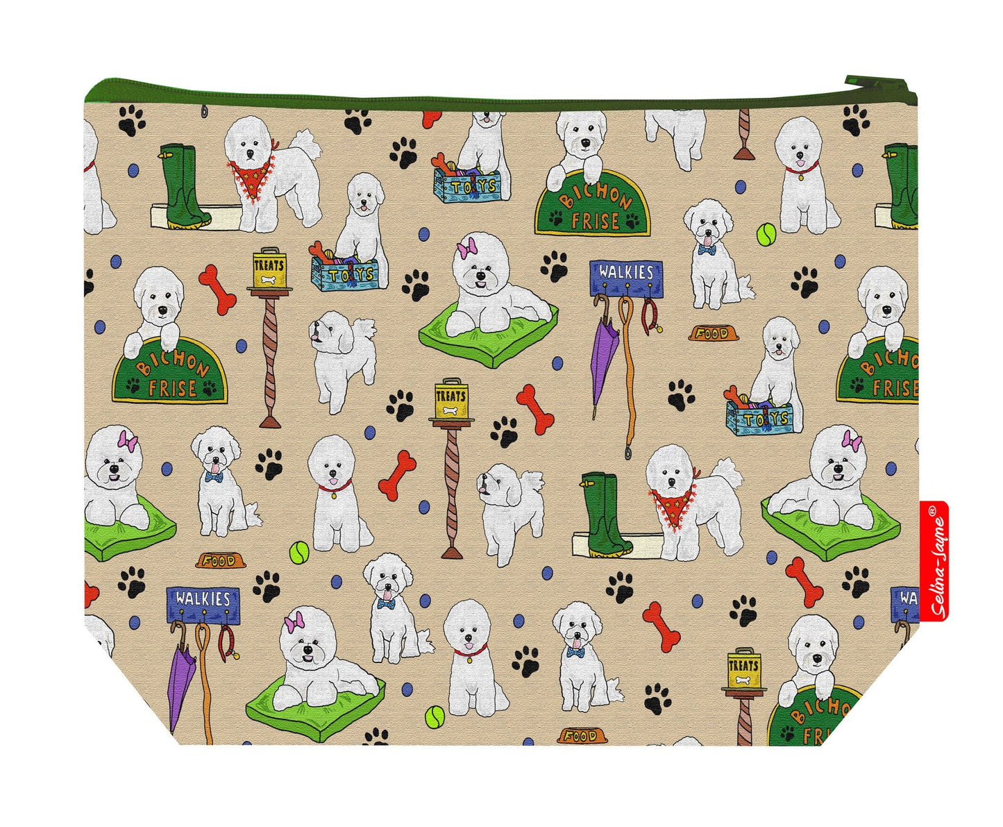 Premium dog lover wash bag with vibrant Bichon Frise HD print and washable lining