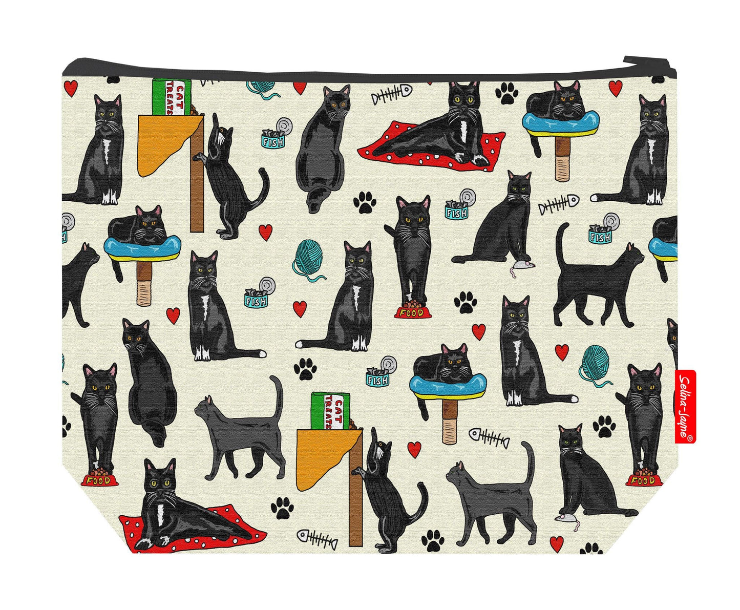 Premium black cats-themed wash bag with durable polyester and washable lining, perfect cat lover gift