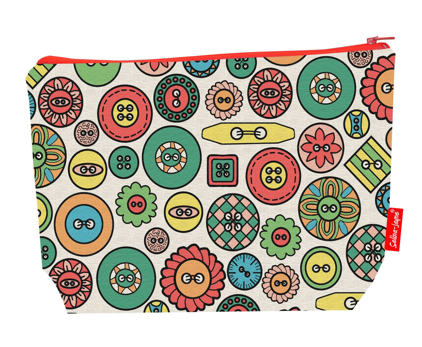 Premium buttons-themed wash bag with durable polyester and washable lining, perfect sewing gift