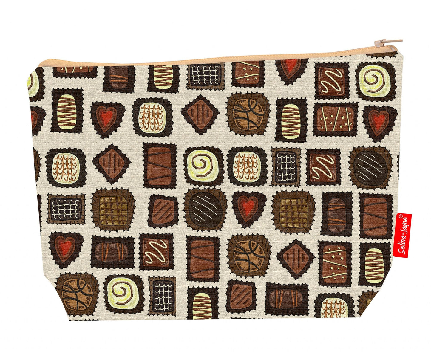 Premium chocolate-themed wash bag with washable lining and 29cm practical size
