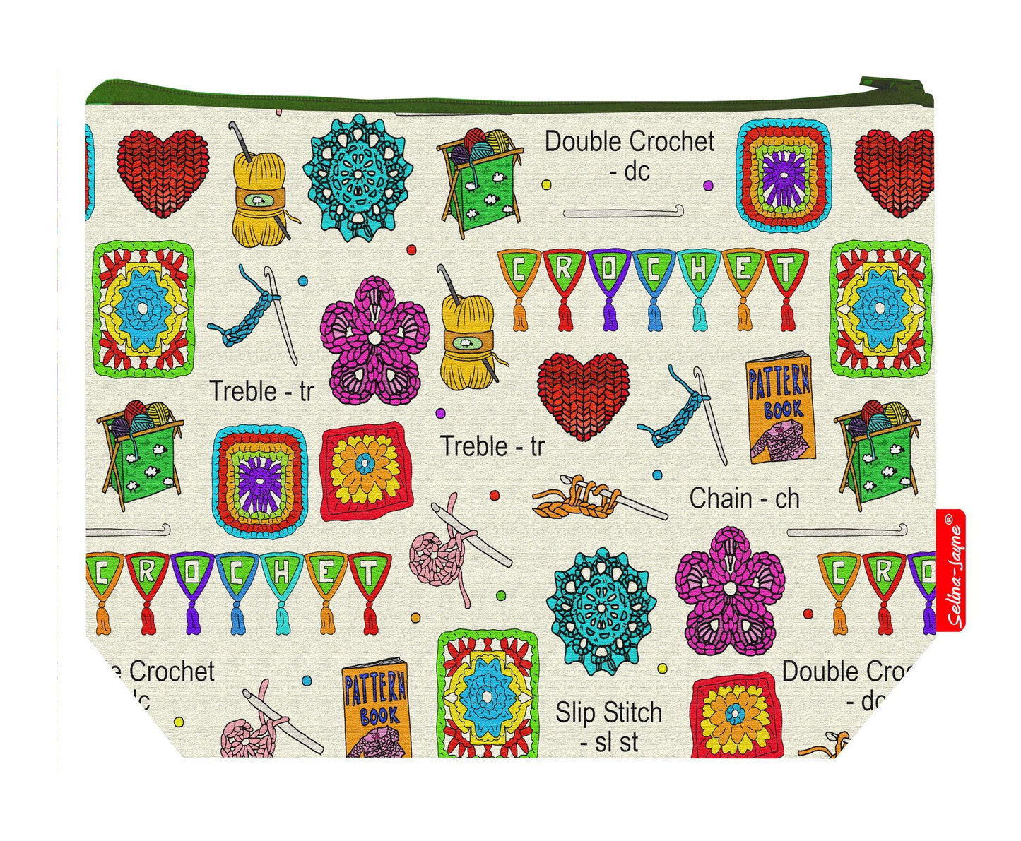 Crochet wash bag interior detail - wipe-clean lining and durable polyester construction