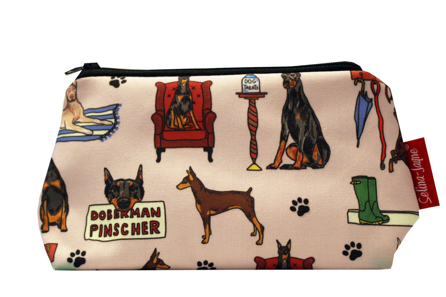 Doberman Pinscher makeup bag featuring wipe-clean lining and colourfast HD print, perfect for dog lovers