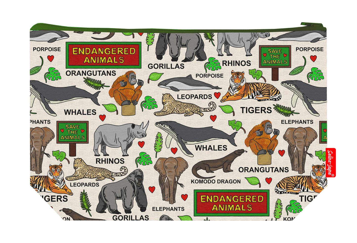 Premium endangered animals wash bag with vibrant HD print and washable lining