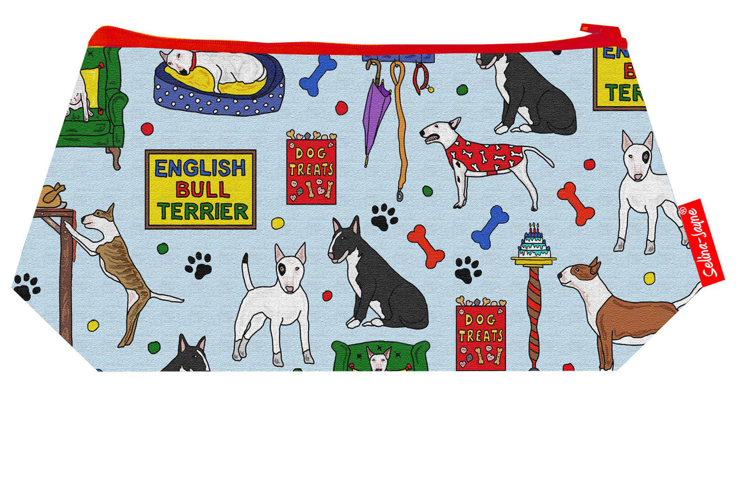 Premium English Bull Terrier makeup bag featuring wipe-clean lining and colourfast HD print, perfect dog lover gift