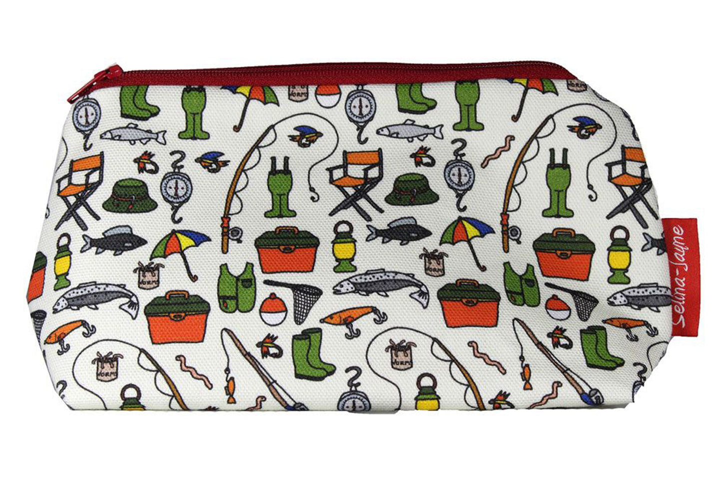 Fishing makeup bag featuring wipe-clean lining and colourfast HD print, perfect gift for fishing enthusiasts