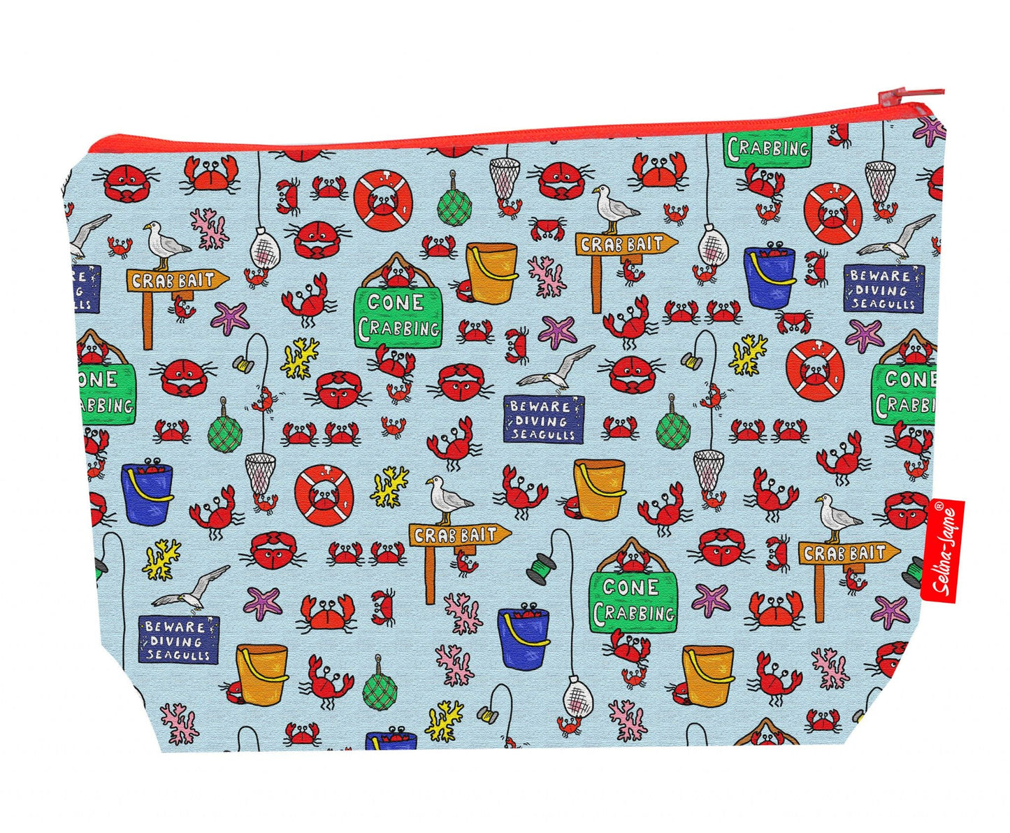 Gone crabbing toiletry bag with seaside design showing washable lining and zip detail