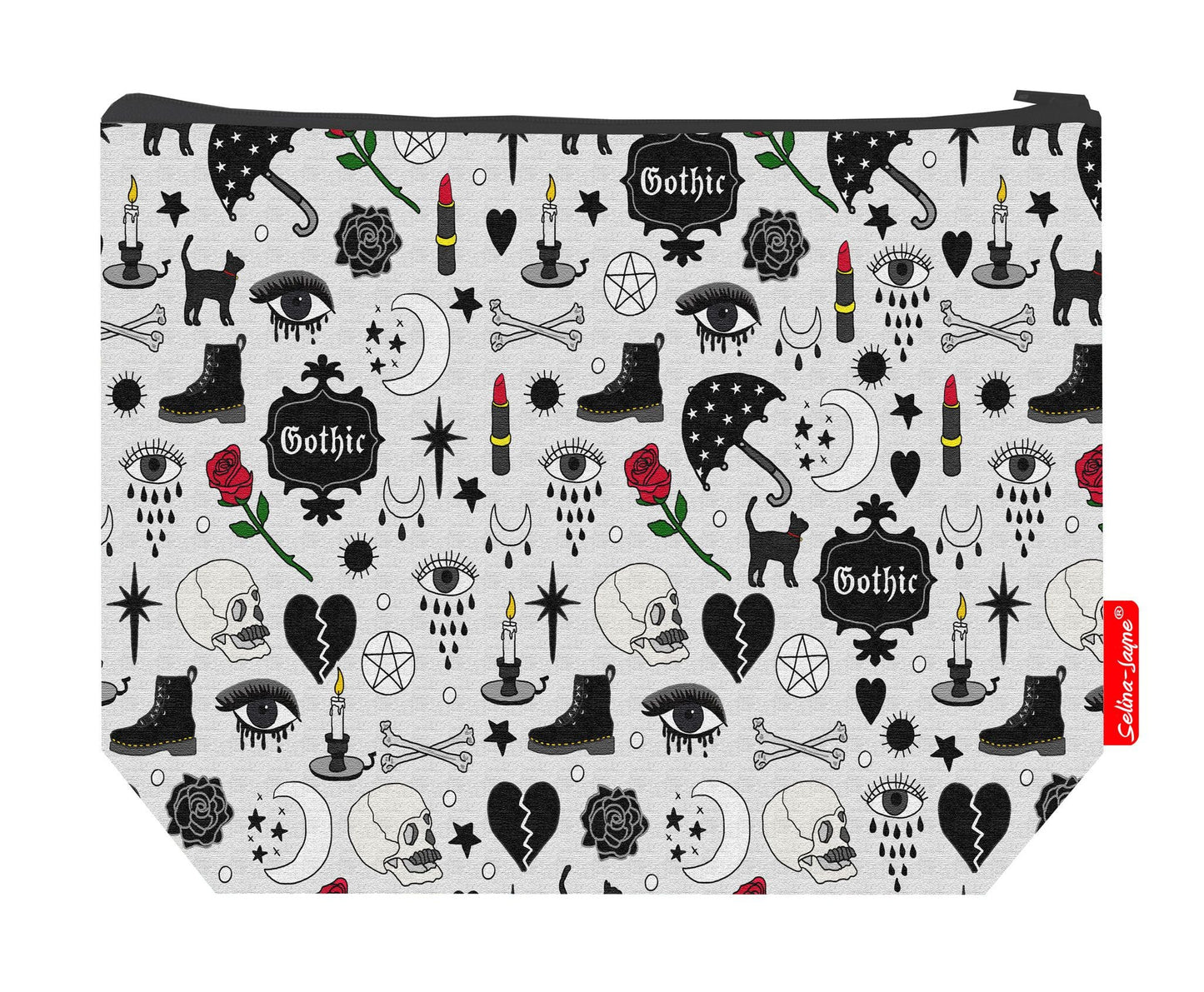 Premium goth wash bag with practical 29cm size and vibrant HD print
