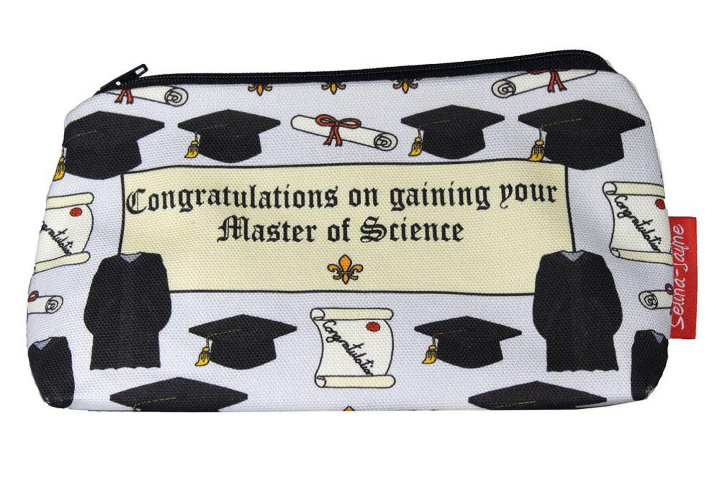 Premium Graduation MSc makeup bag featuring wipe-clean lining and colourfast HD print, perfect graduate gift
