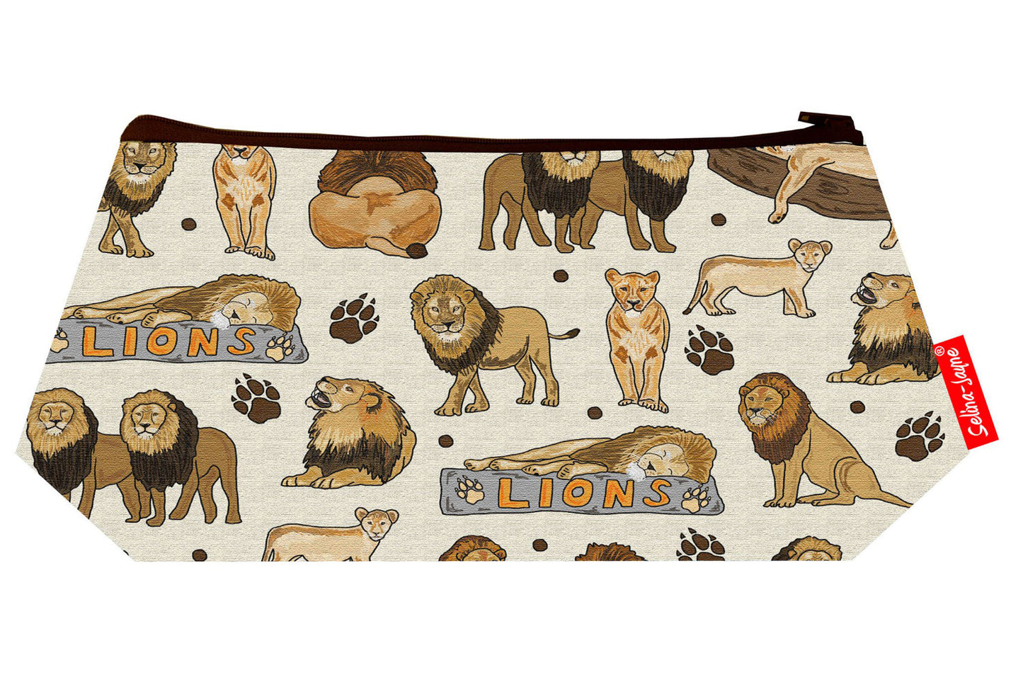 Lions cosmetic bag with majestic wildlife illustration on durable polyester fabric with colour-coordinated zipper