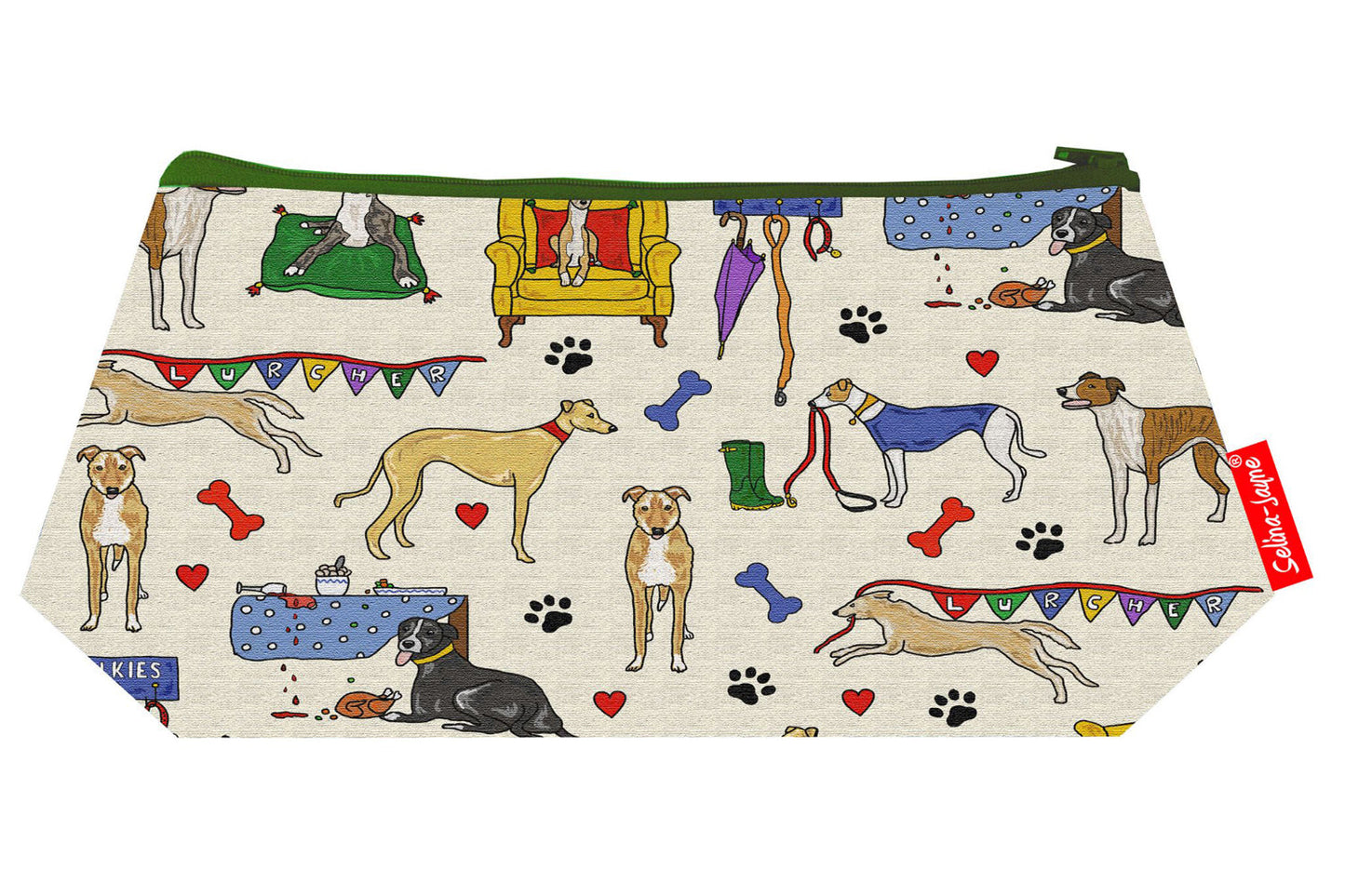 Compact lurcher dog cosmetic bag perfect for dog lovers, featuring colourfast print and easy-care design