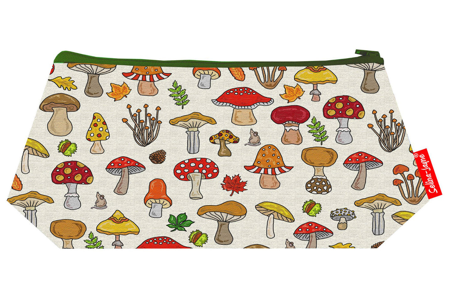 Compact Mushrooms makeup bag with wipe-clean lining, perfect gift for nature lovers and botanical enthusiasts