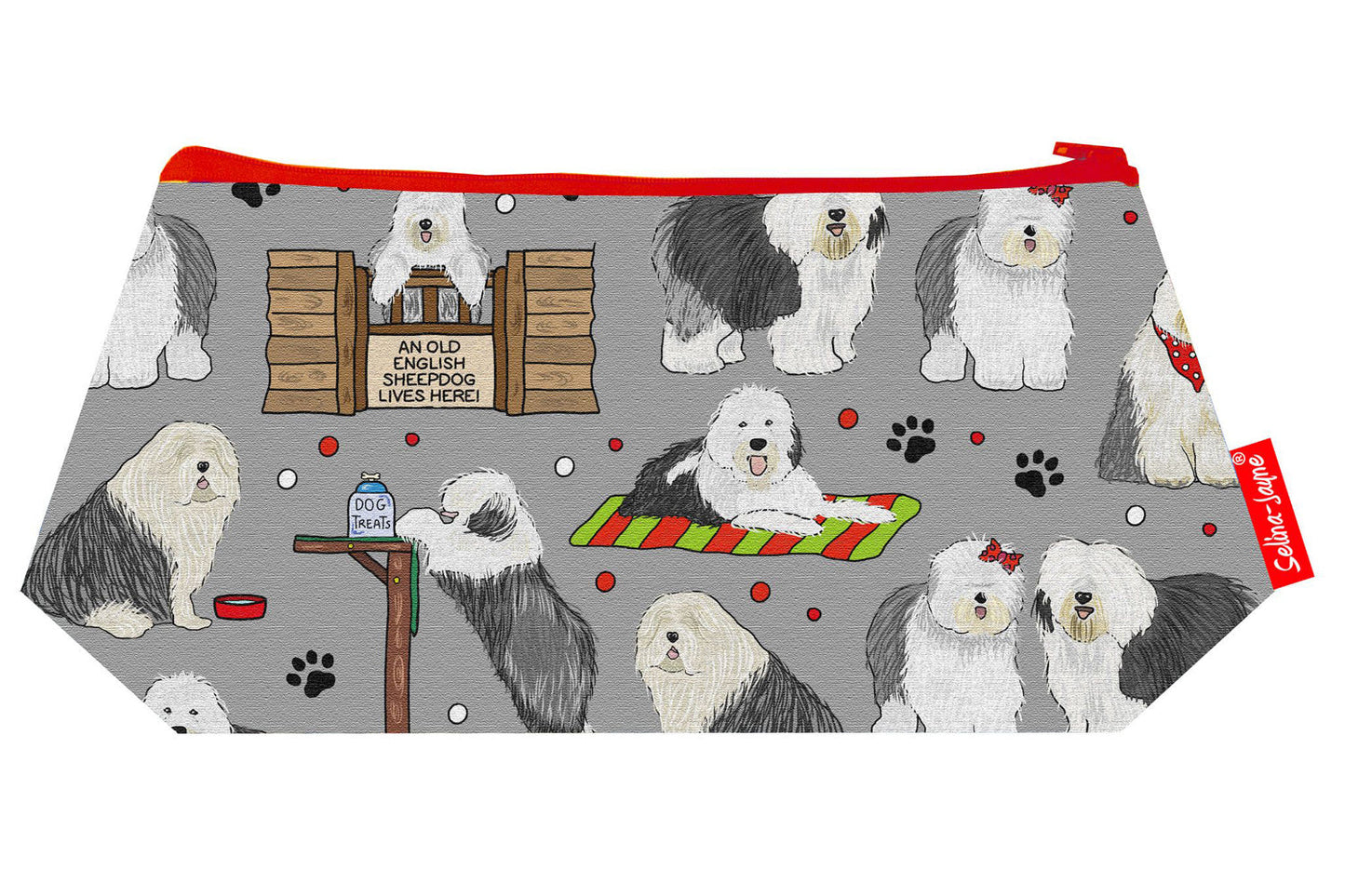 Compact Old English Sheepdog makeup bag with wipe-clean lining, perfect gift for OES owners and dog lovers