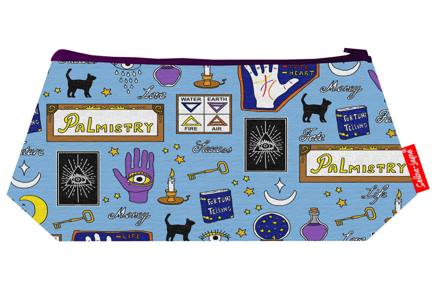"Palmistry cosmetic bag by Selina-Jayne featuring vibrant palm reading graphics, colour-coordinated zipper, and compact 17.5cm design