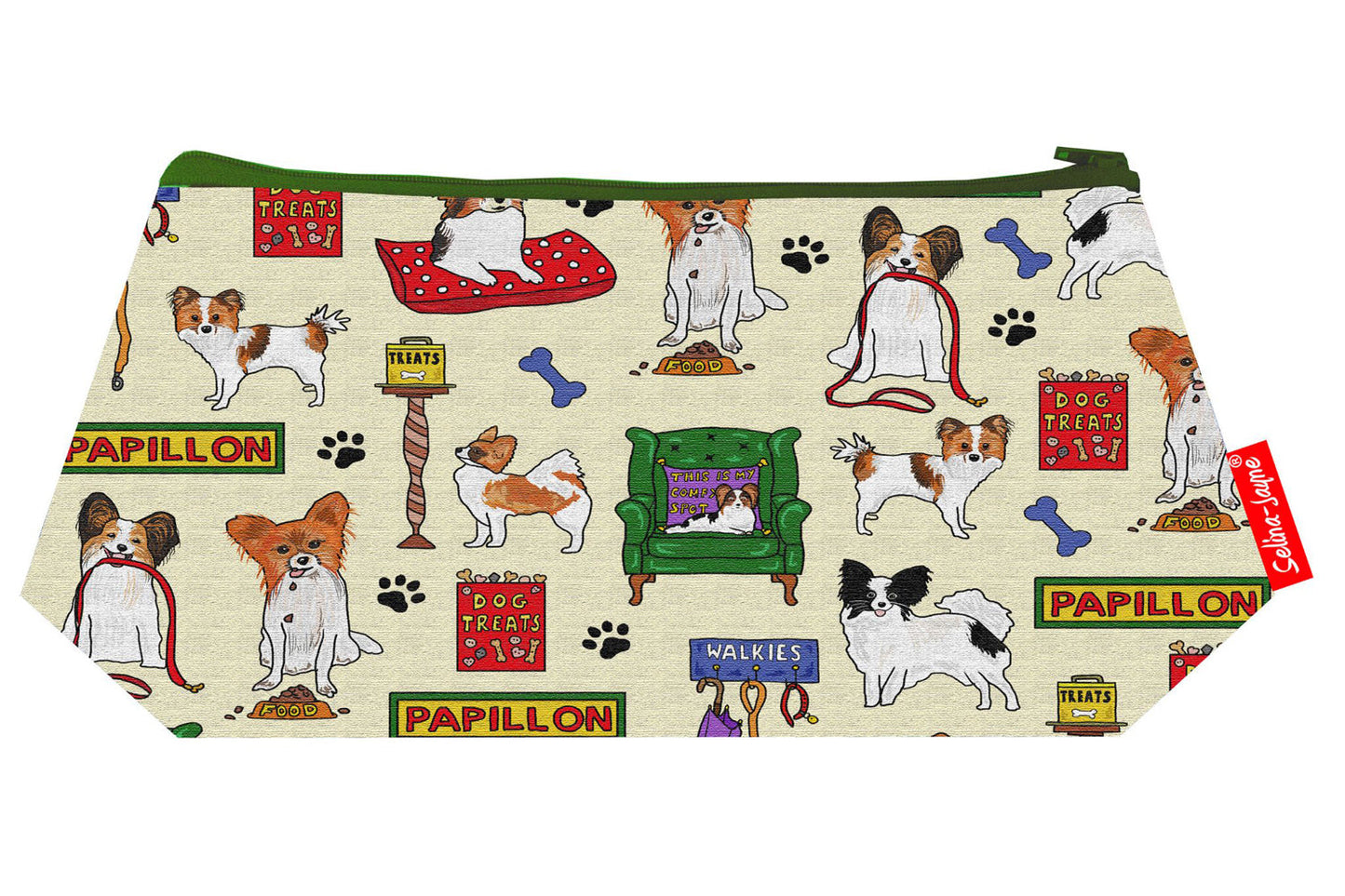 Papillon Dog cosmetic bag by Selina-Jayne featuring vibrant butterfly-eared spaniel graphics, colour-coordinated zipper, and compact 17.5cm design