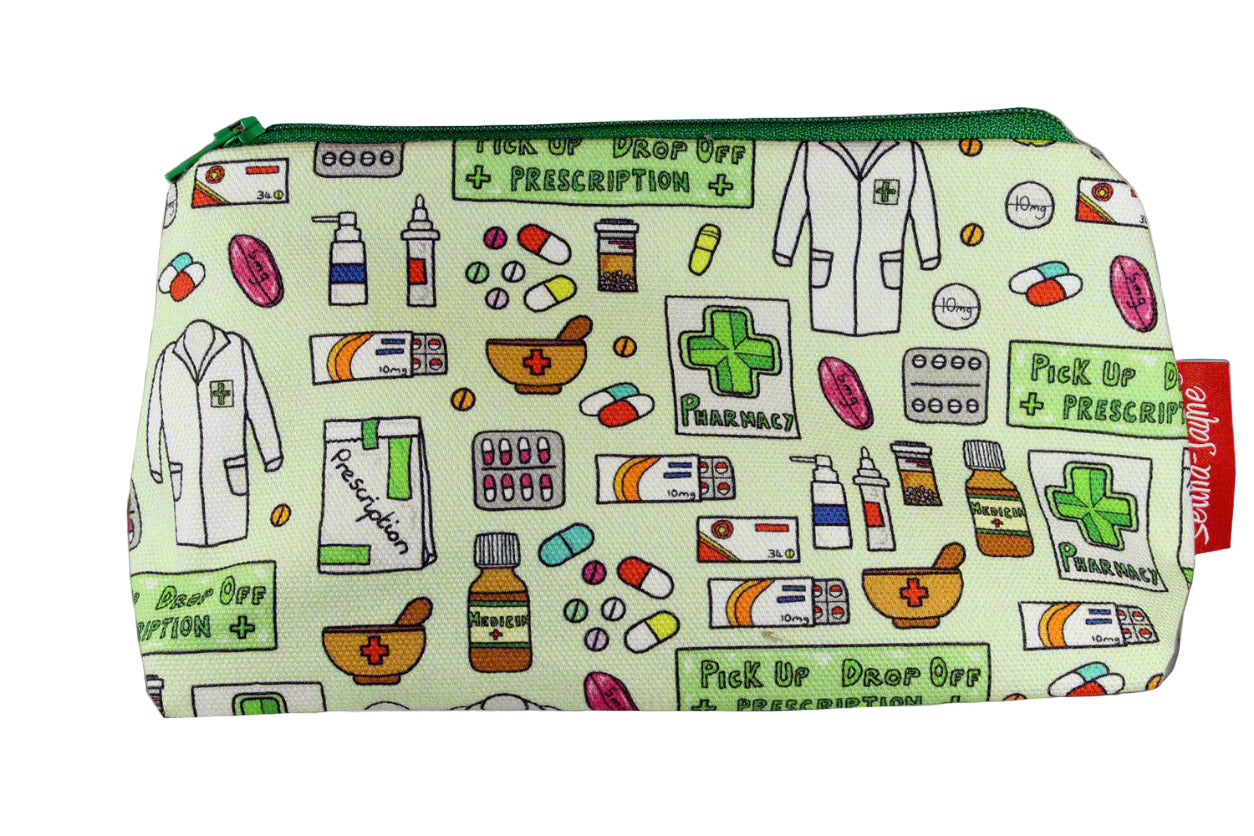 Pharmacist cosmetic bag by Selina-Jayne featuring vibrant pharmacy professional graphics, colour-coordinated zipper, and compact 17.5cm design