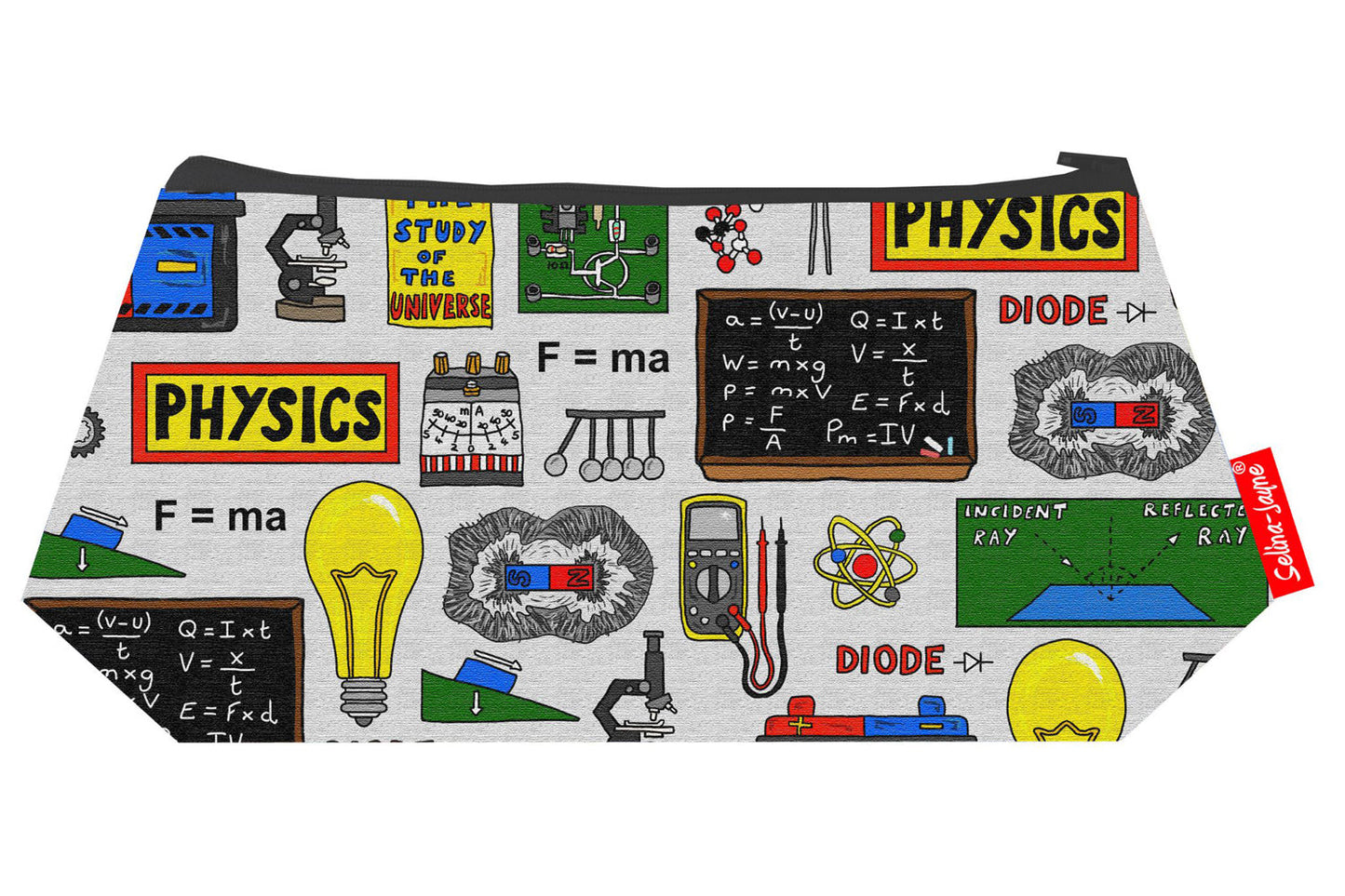 Physics cosmetic bag by Selina-Jayne featuring vibrant scientific formula graphics, colour-coordinated zipper, and compact 17.5cm design