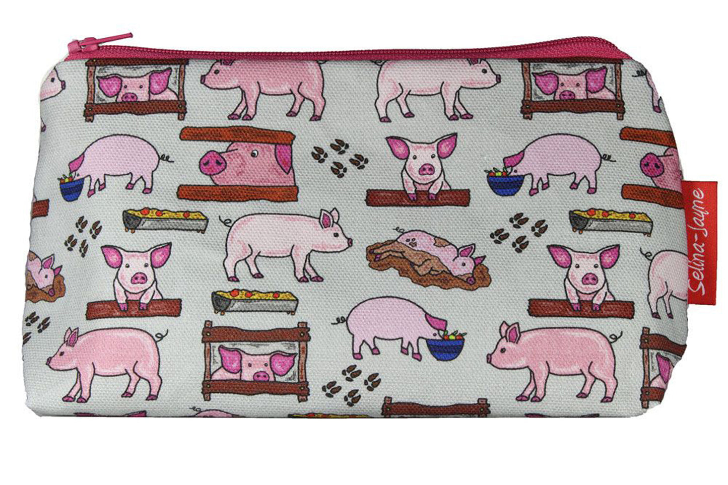 Pigs cosmetic bag by Selina-Jayne featuring vibrant farm animal graphics, colour-coordinated zipper, and compact 17.5cm design