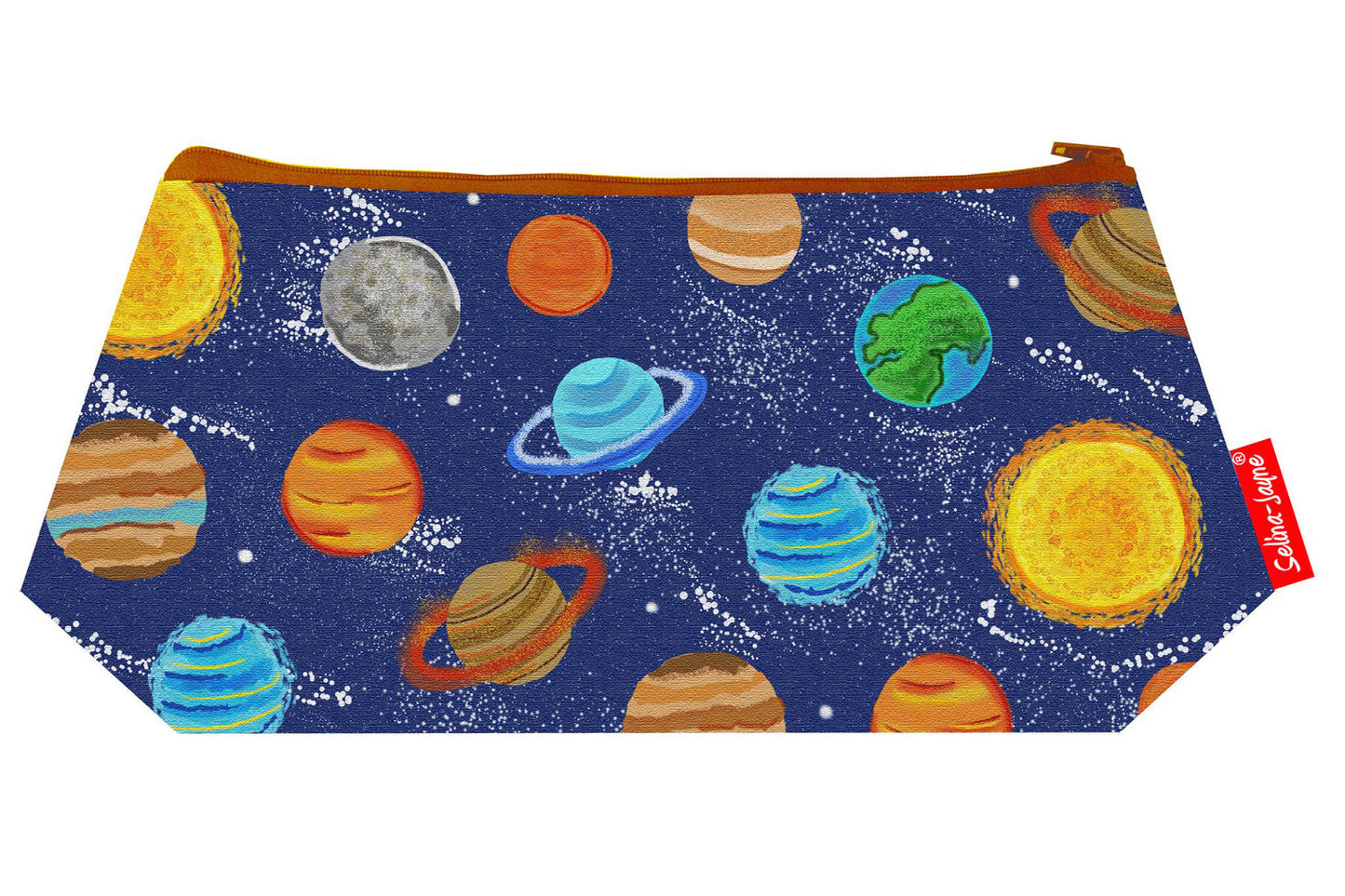 Planets cosmetic bag by Selina-Jayne featuring vibrant solar system graphics, colour-coordinated zipper, and compact 17.5cm design