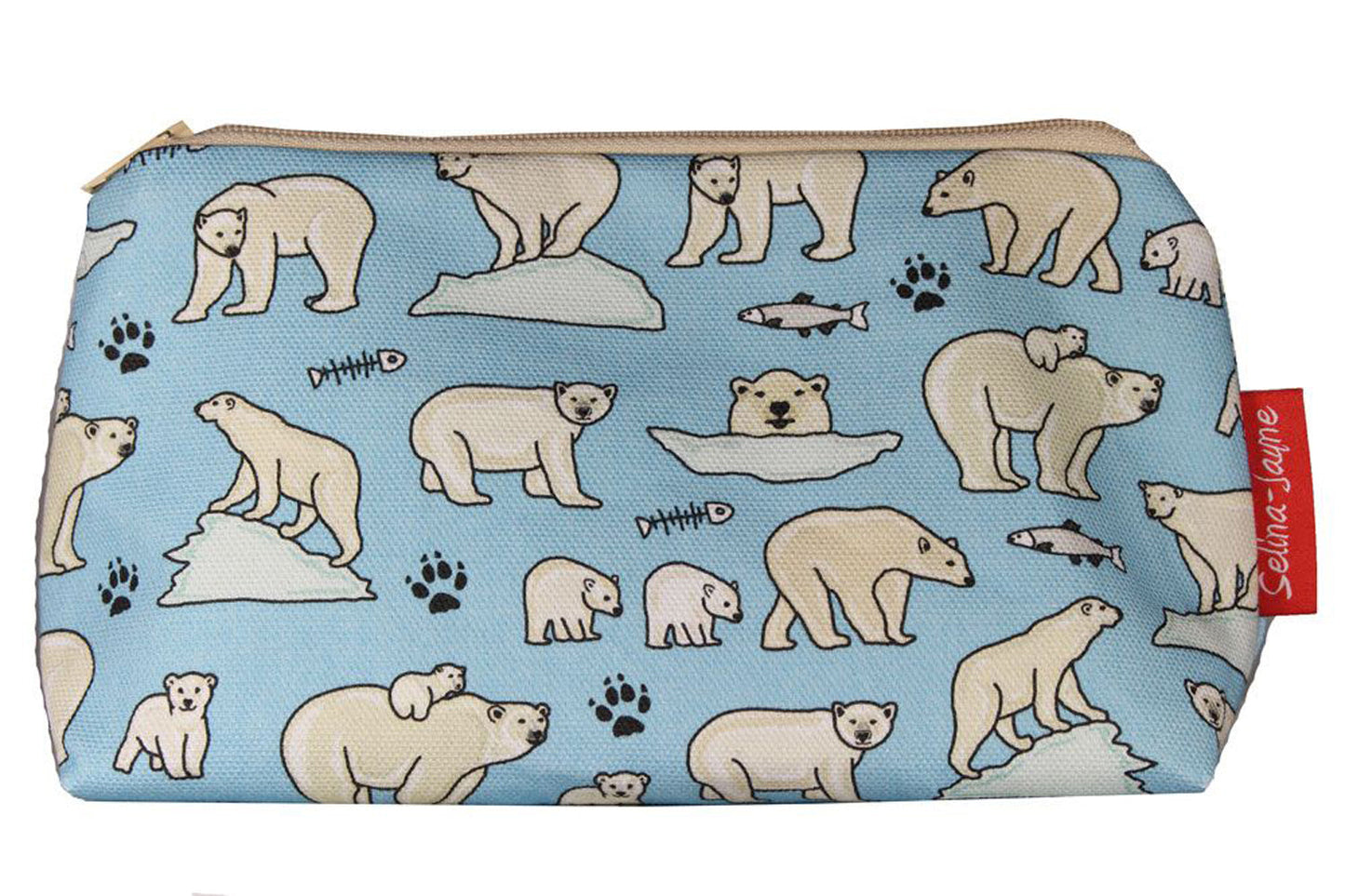 Polar Bear cosmetic bag by Selina-Jayne featuring vibrant Arctic wildlife graphics, colour-coordinated zipper, and compact 17.5cm design