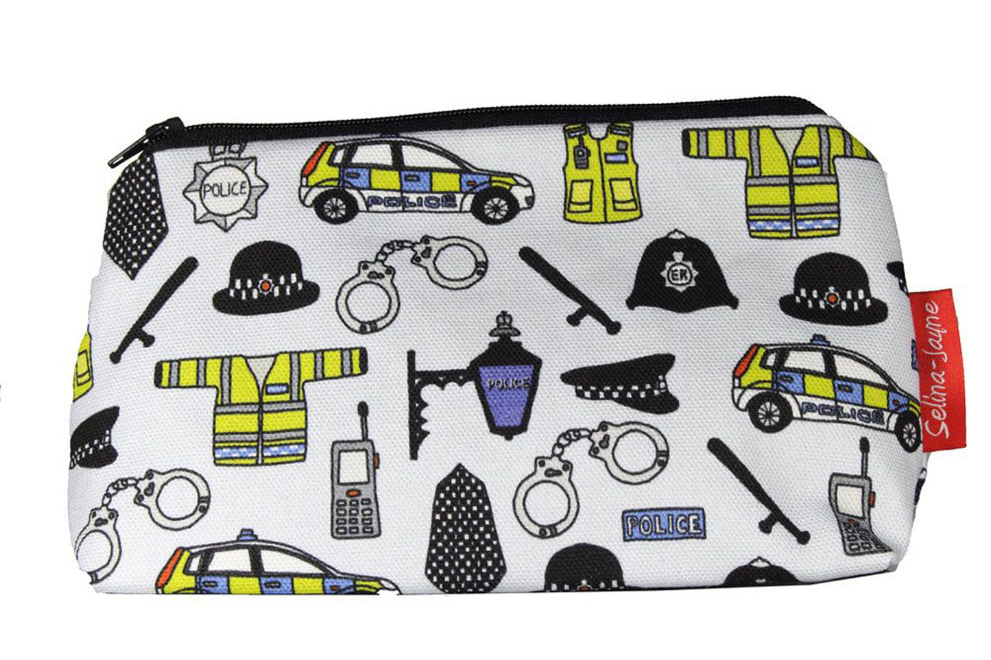 Police cosmetic bag by Selina-Jayne featuring vibrant law enforcement graphics, colour-coordinated zipper, and compact 17.5cm design
