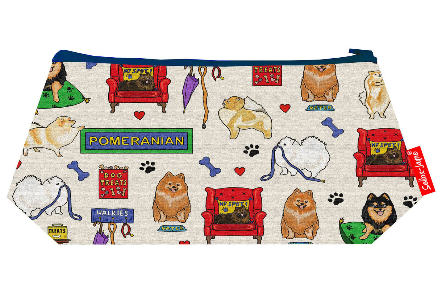 Pomeranian Dog cosmetic bag by Selina-Jayne featuring vibrant fluffy toy breed graphics, colour-coordinated zipper, and compact 17.5cm design