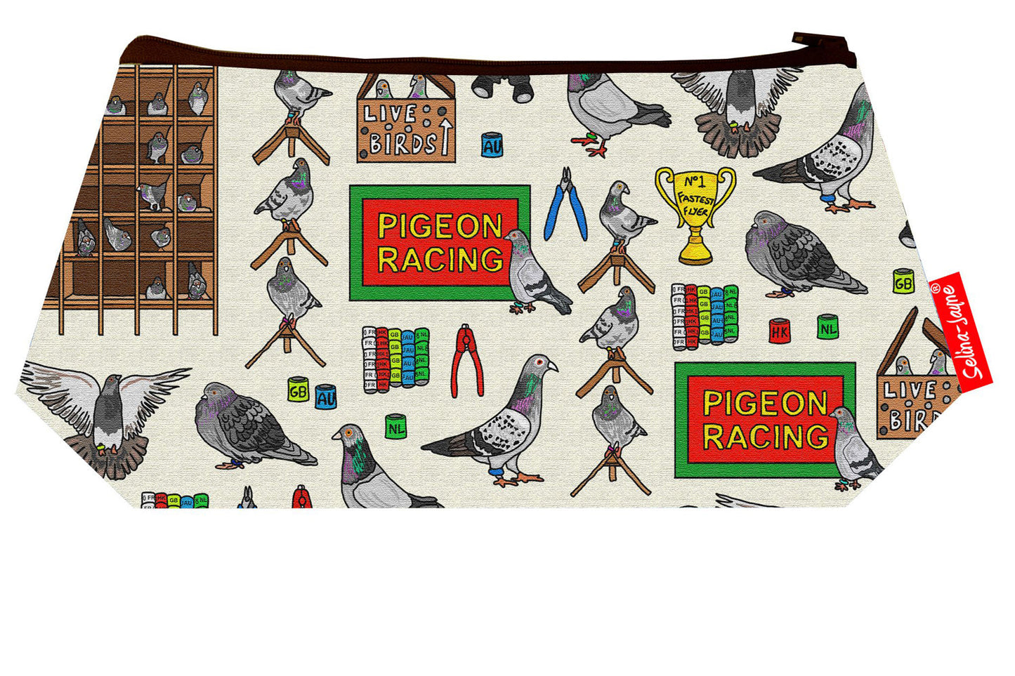 Racing Pigeons cosmetic bag by Selina-Jayne featuring vibrant pigeon racing design with HD print on durable polyester fabric