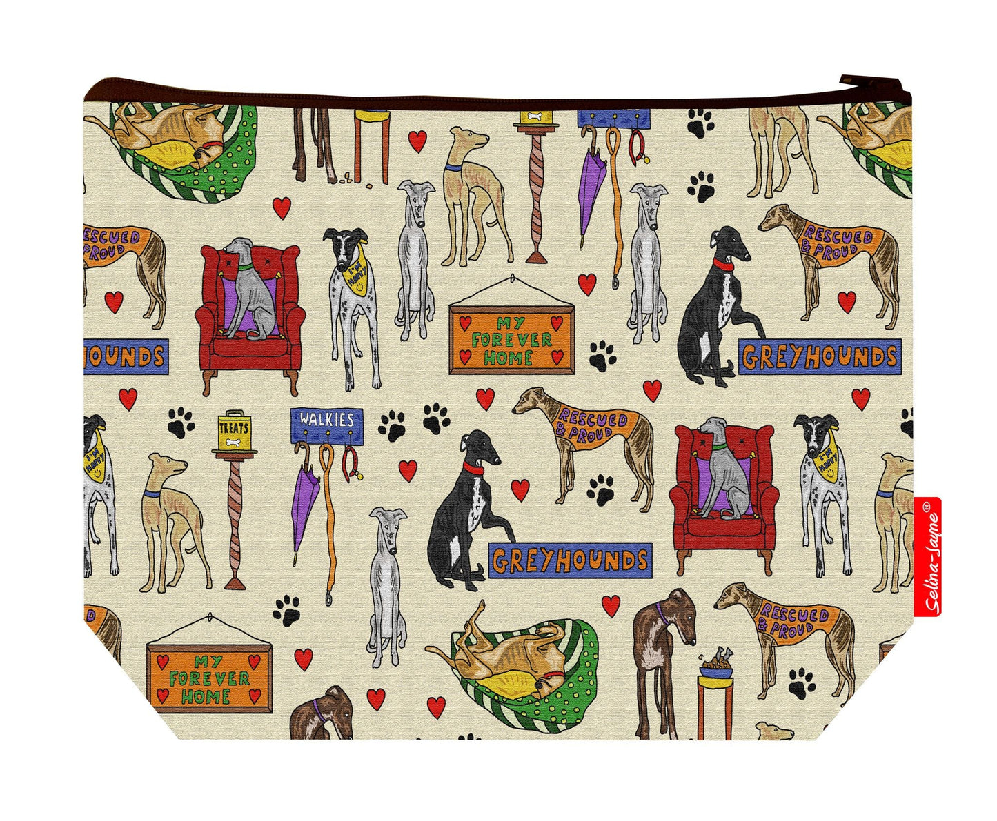 Premium dog lover wash bag featuring retired greyhound design - practical 29cm travel size