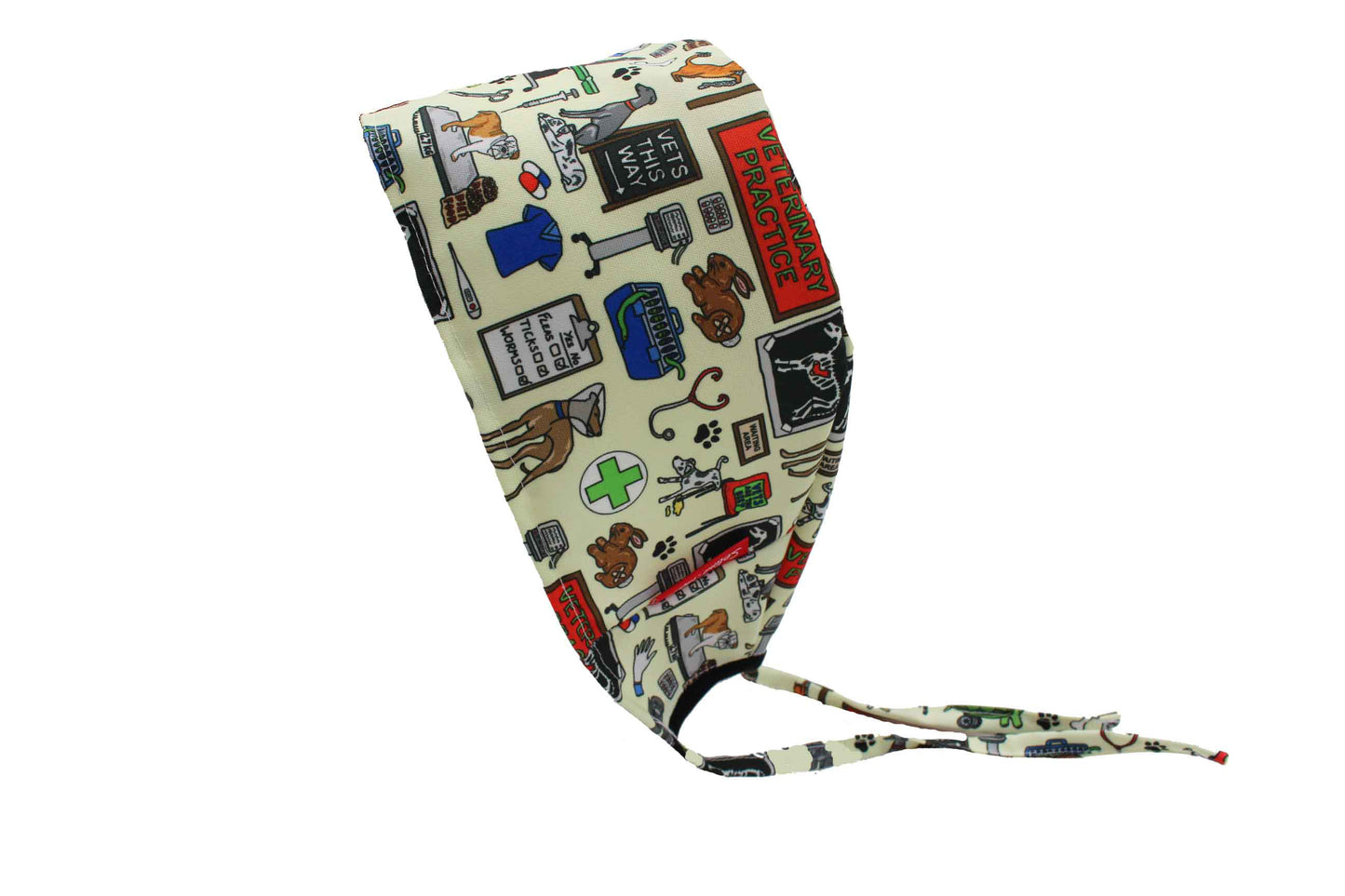 Medical scrub cap with veterinary-themed design on a white background