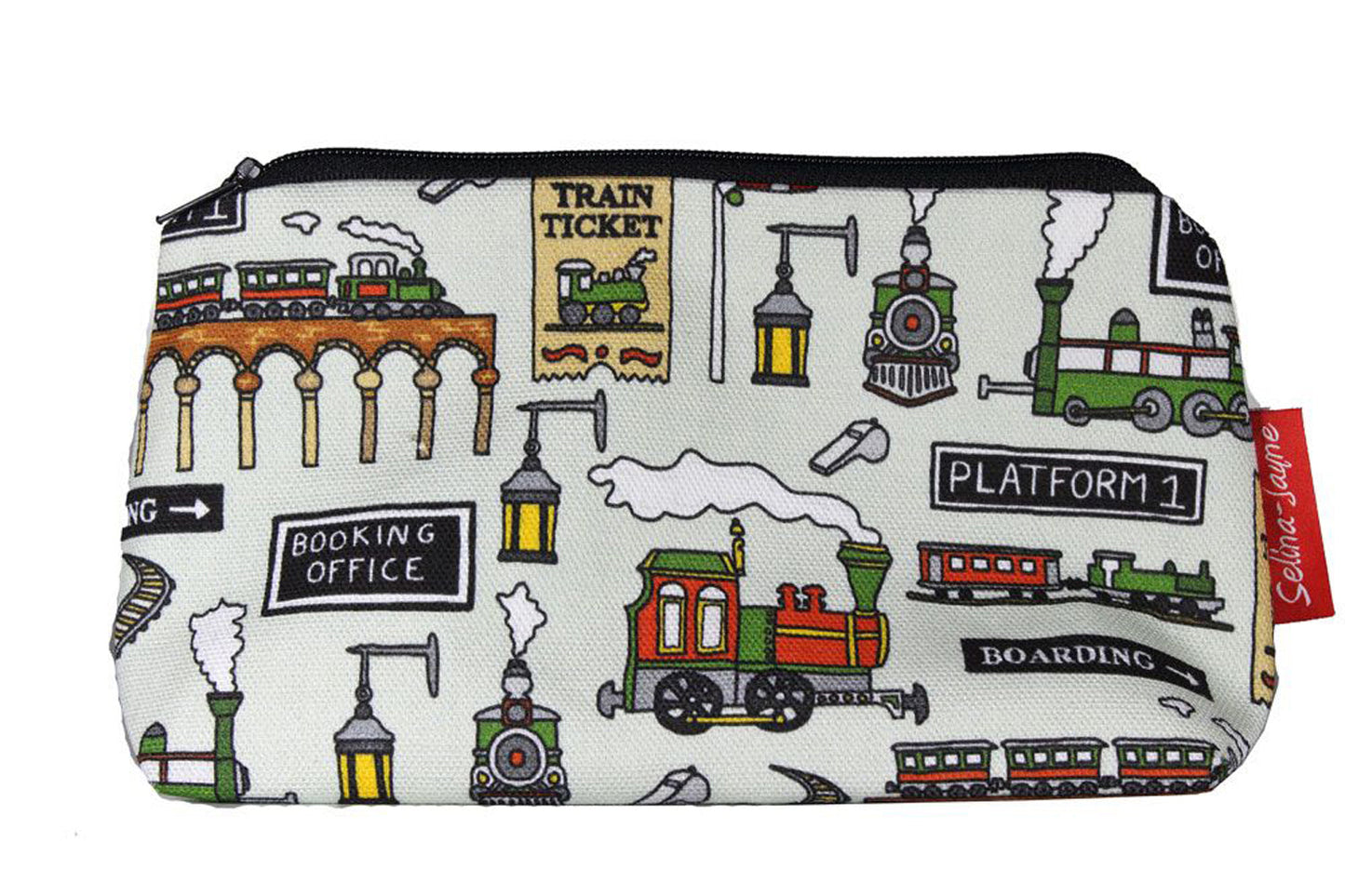 Steam Trains cosmetic bag by Selina-Jayne featuring vintage railway design with vibrant HD print on premium polyester fabric
