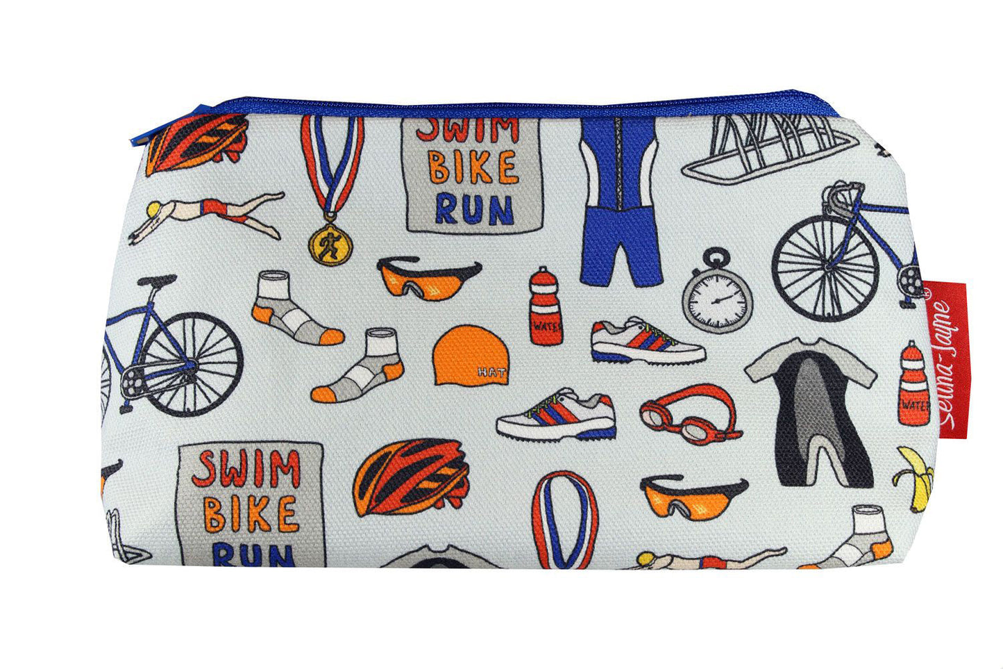 Triathlon cosmetic bag by Selina-Jayne featuring swim-bike-run sports design with vibrant HD print on premium polyester fabric