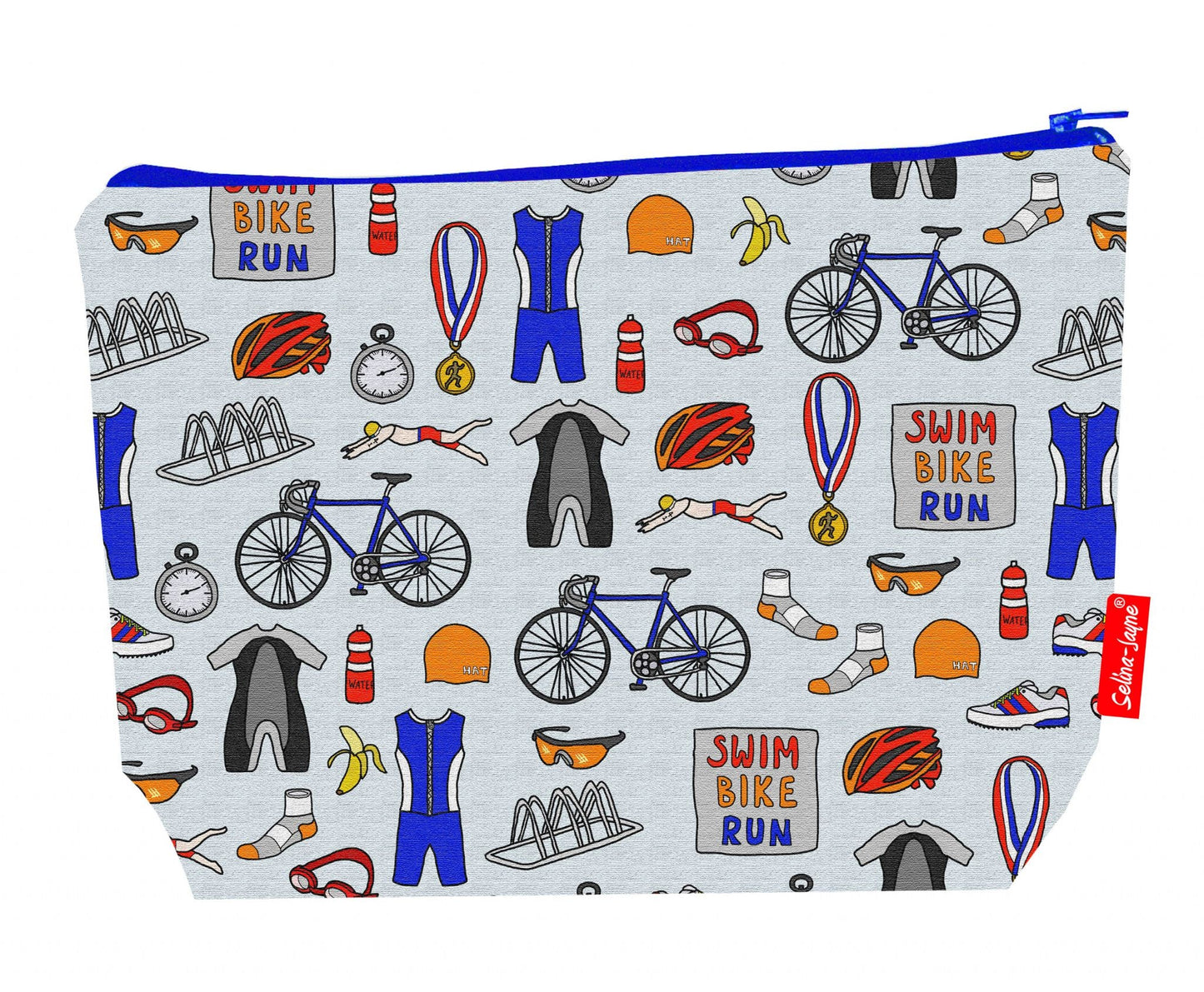 Premium triathlete wash bag with vibrant HD multi-sport design, perfect for training and race travel