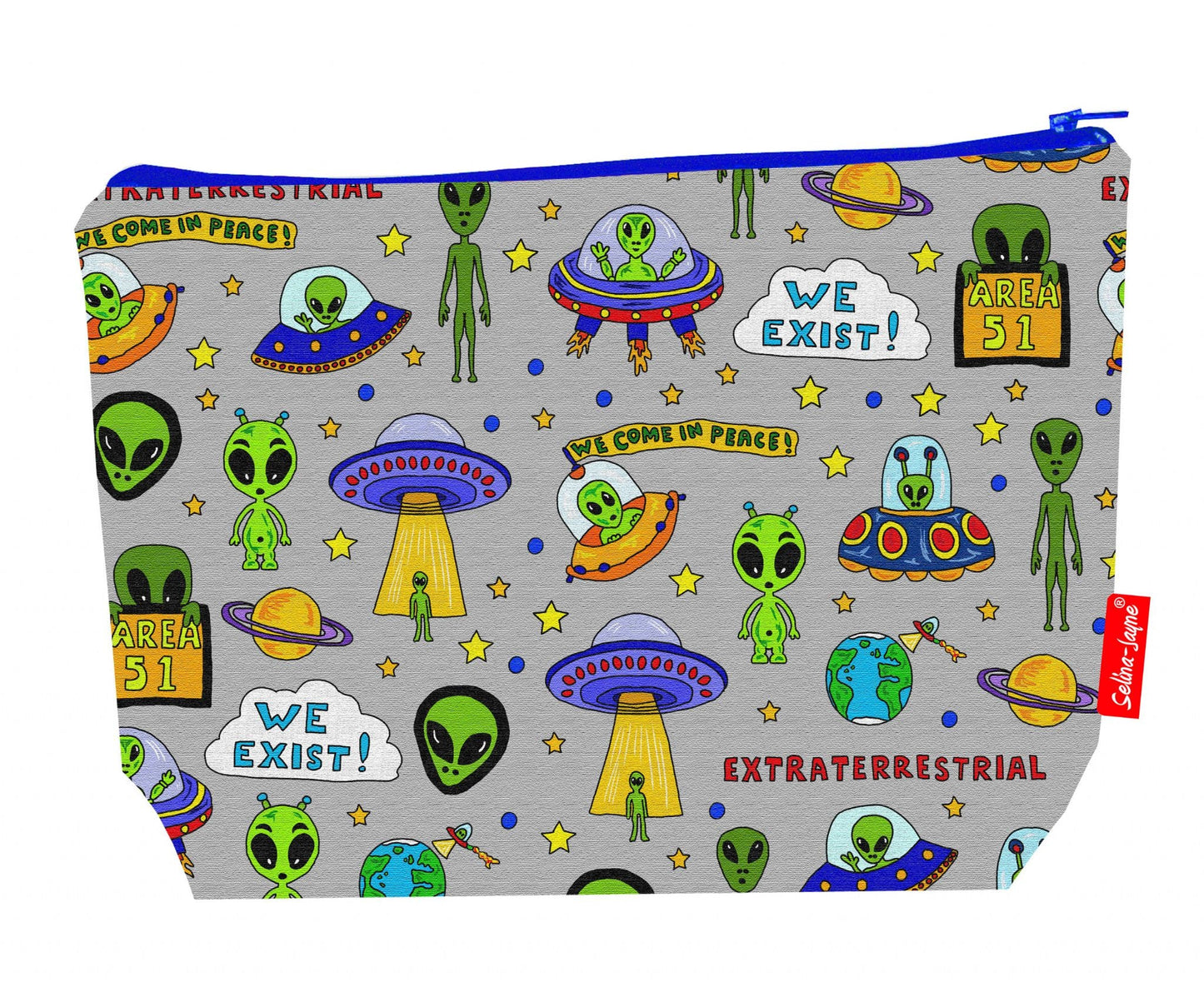Premium sci-fi wash bag with vibrant HD UFO and alien design, perfect for travel and everyday use