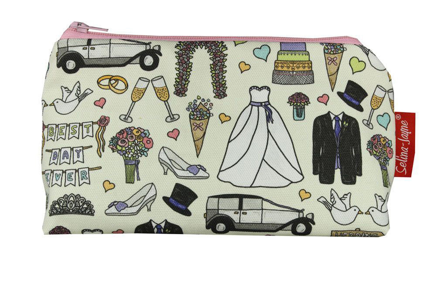 Wedding Day cosmetic bag by Selina-Jayne featuring bridal design on premium polyester with wipe-clean lining