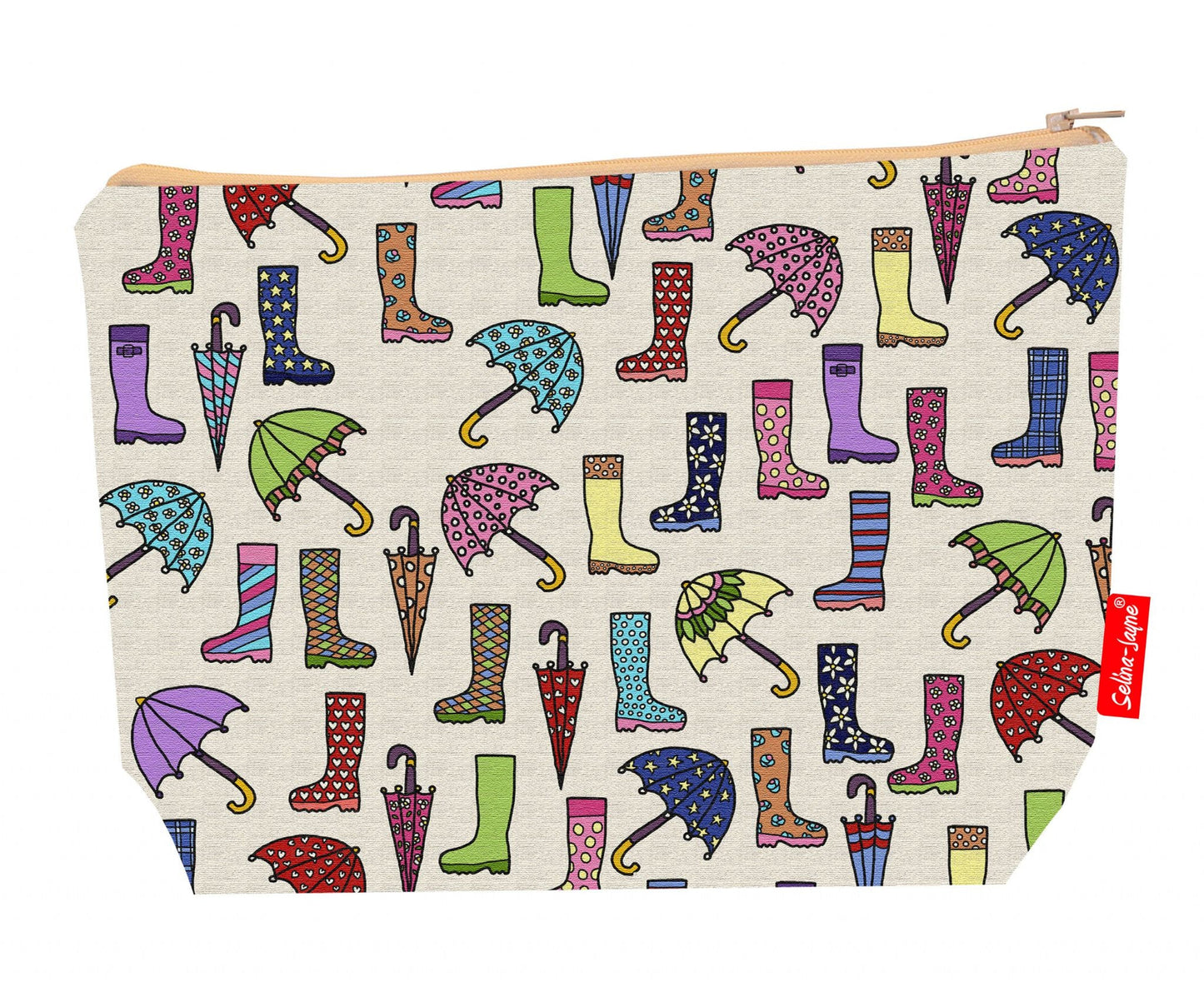 Premium British weather wash bag with vibrant HD wellies and brollies design, perfect for travel and everyday use