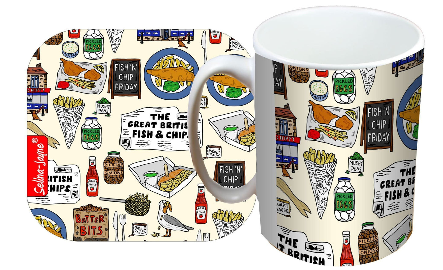 Fish and Chips Mug and Coaster Gift Set by Selina-Jayne