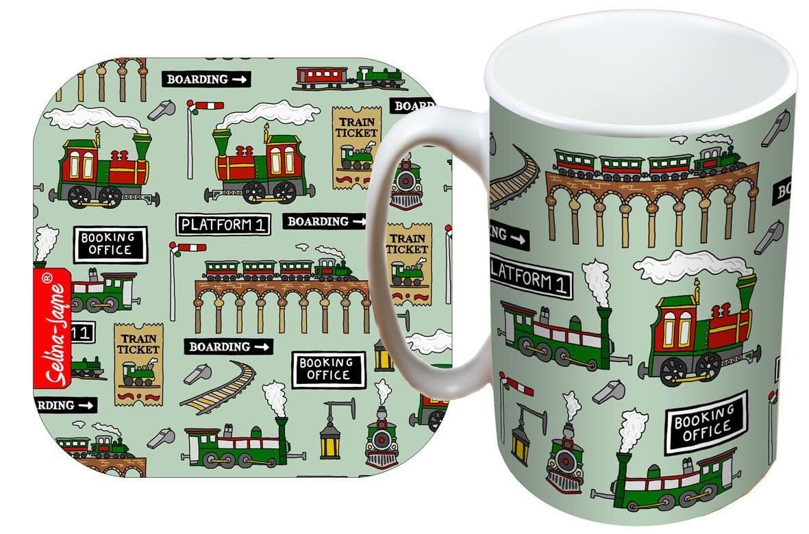 Steam Trains Mug and Coaster Gift Set by Selina-Jayne