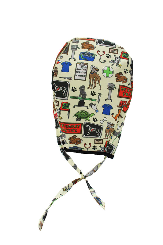 Medical scrub cap with veterinary-themed design on a white background
