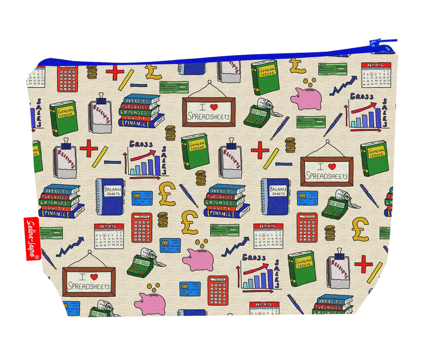 Accountants toiletry bag featuring accountancy-themed design by Selina-Jayne Designs
