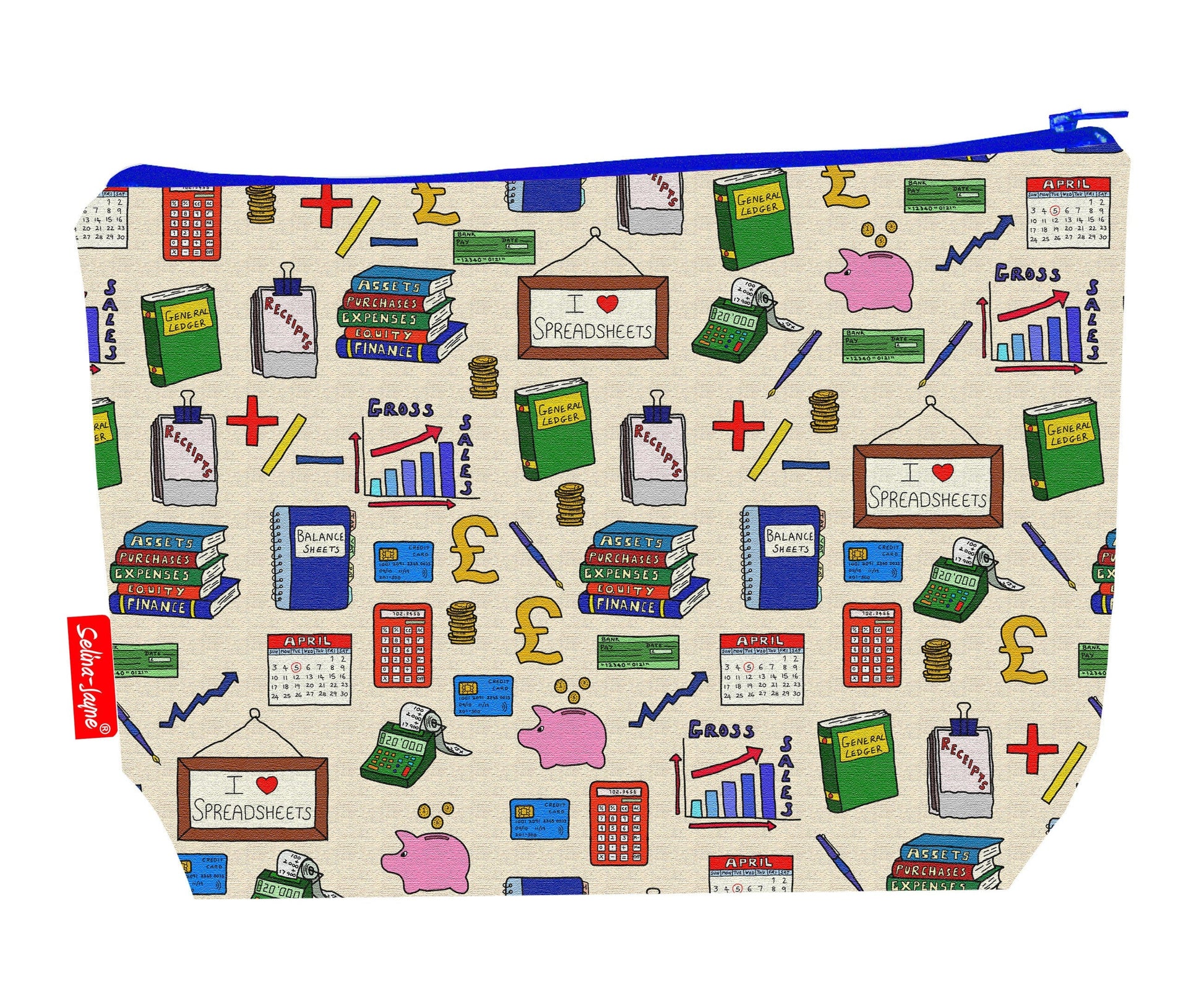 Accountants toiletry bag featuring accountancy-themed design by Selina-Jayne Designs