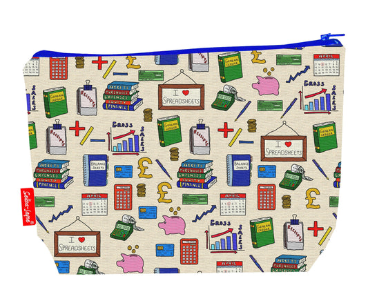 Accountants toiletry bag featuring accountancy-themed design by Selina-Jayne Designs