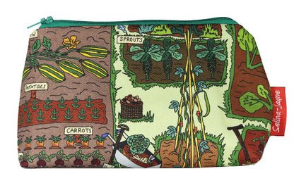 Gardening-themed makeup bag showing wipe-clean lining and close weave polyester construction