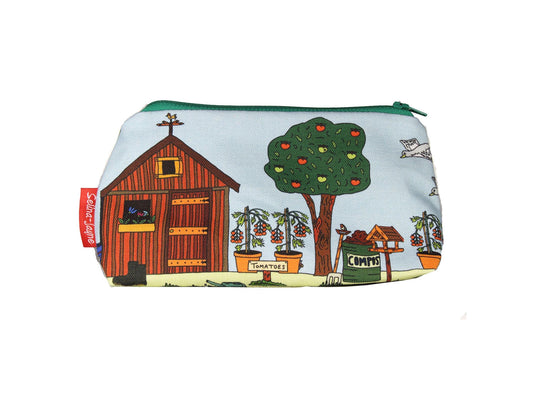 Allotment cosmetic bag with vibrant gardening design featuring vegetables and tools by Selina-Jayne