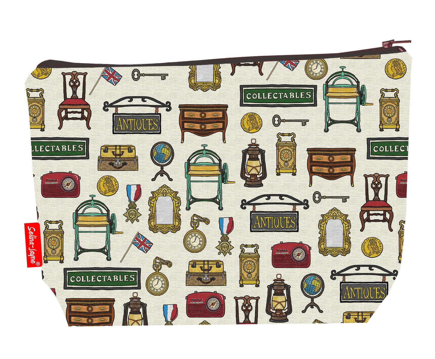 Antiques toiletry bag featuring vintage-themed design by Selina-Jayne Designs
